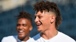 KANSAS CITY, MO - MAY 18: Quarterback Patrick Mahomes of the Kansas City Chiefs watches the Kansas City Royals take batting practice prior to a game against the New York Yankees at Kauffman Stadium on May 18, 2018 in Kansas City, Missouri. (Photo by Ed Zurga/Getty Images)