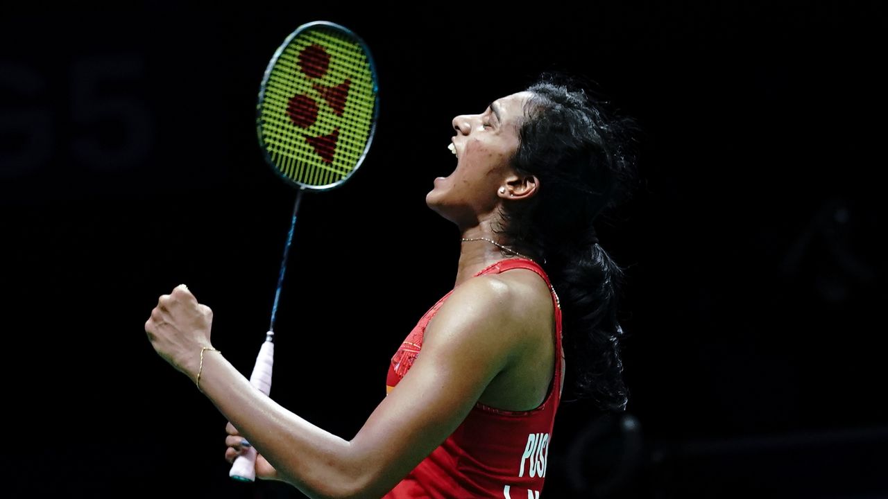 NANJING, CHINA - AUGUST 03:  India's Pusarla V. Sindhu celebrates after defeating Nozomi Okuhara of Japan in their women's single quarter final match during the Badminton World Championships at Nanjing Youth Olympic Games Sport Park on August 3, 2018 in Nanjing, China.  (Photo by Lintao Zhang/Getty Images)