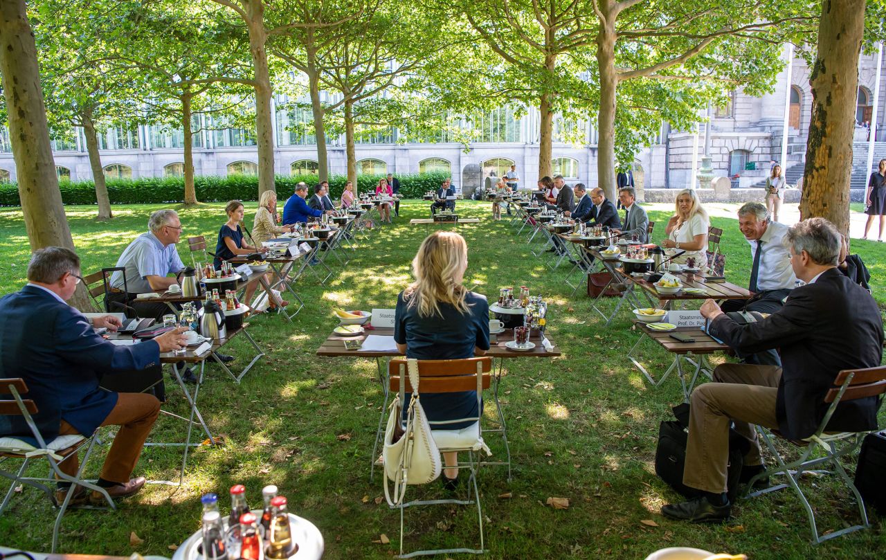 A Bavarian Cabinet meeting is held outside in Munich, Germany, on July 28.
