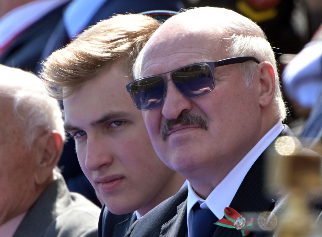 President of Belarus Alexander Lukashenko with his son Nikolai (left) during the Victory Day military parade marking the 75th anniversary of the victory in World War II, on June 24, 2020 in Moscow.