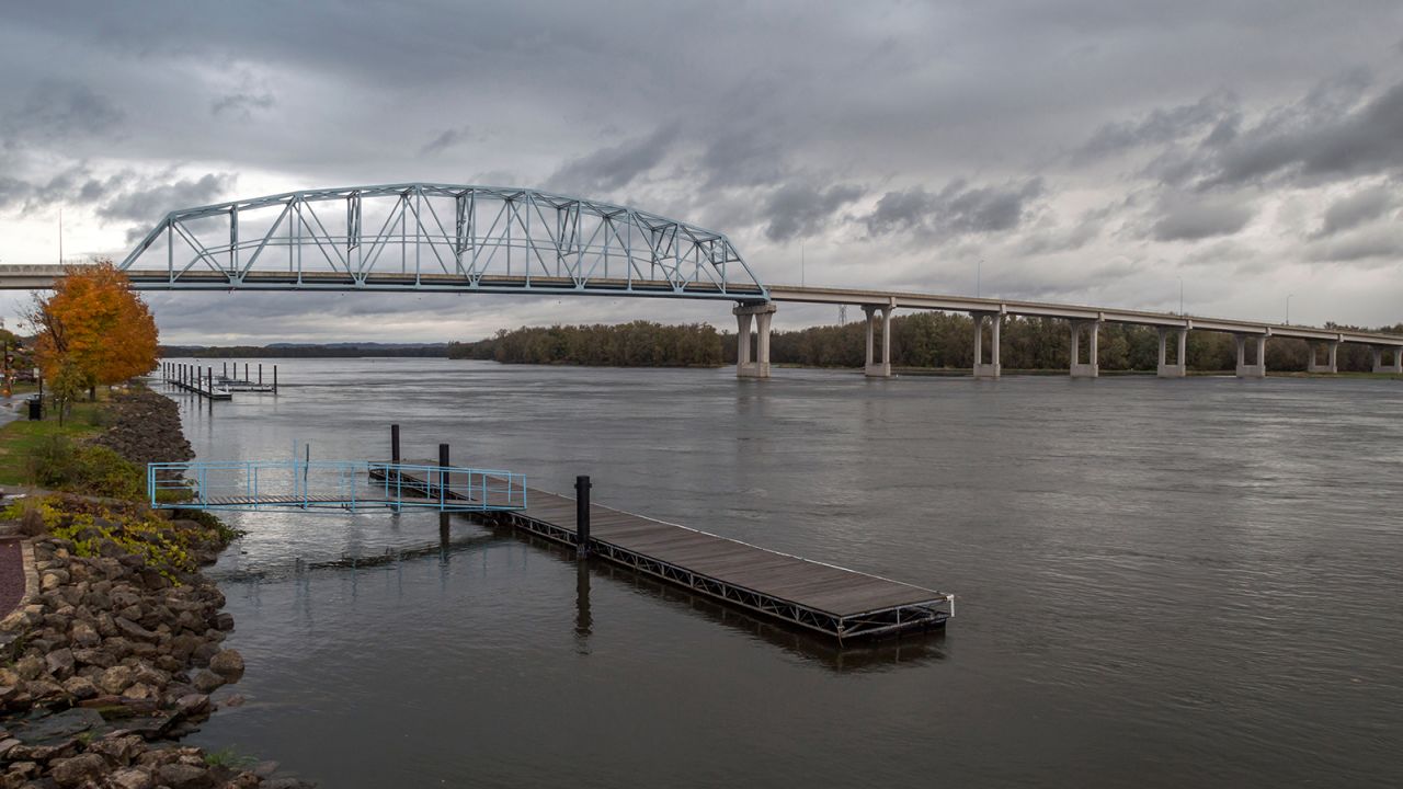 A Wide Angle Shot of the Wabasha-Nelson Bridge in Wabasha, Minnesota, Spanning the Mississippi River on a Cloudy Fall Morning