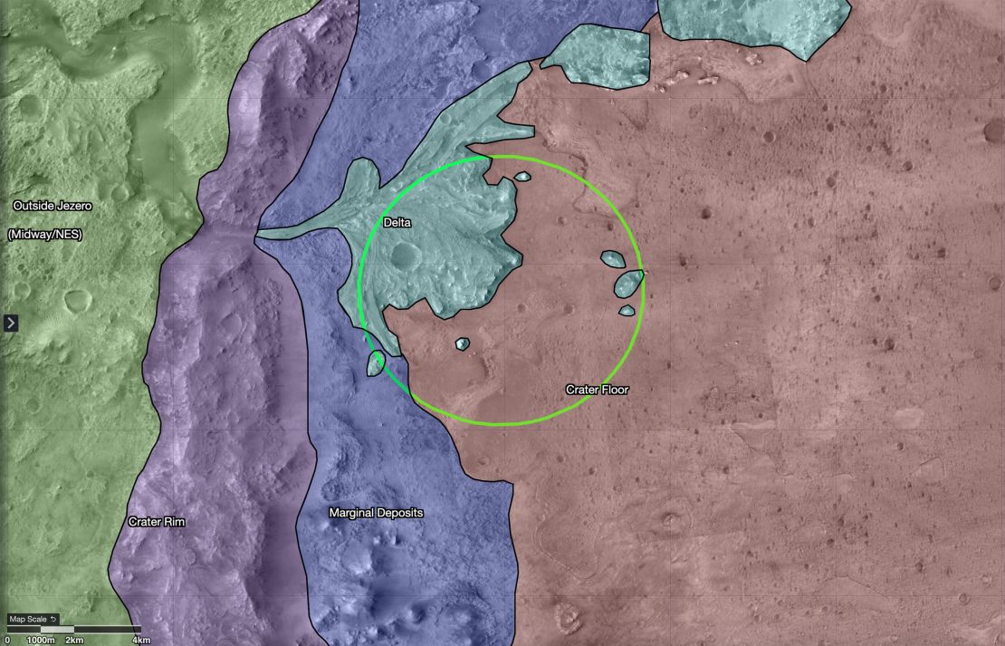 This map shows regions in and around Jezero Crater on Mars, the landing site of NASA's Perseverance rover.