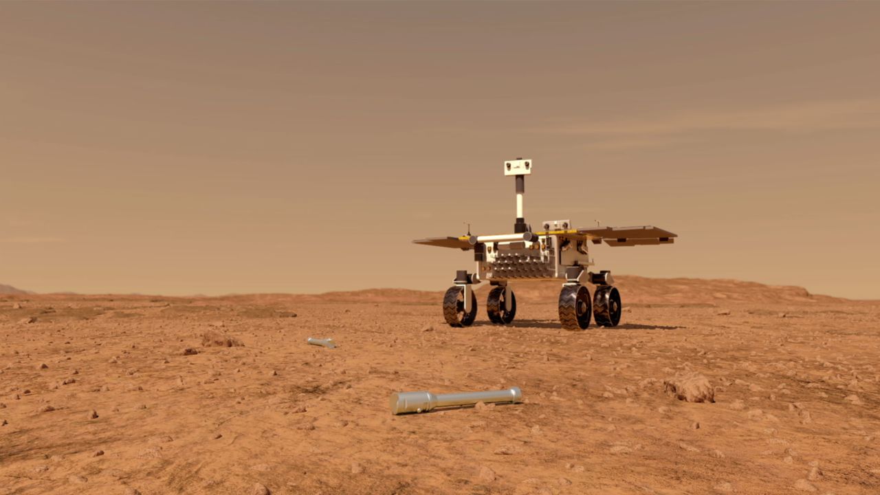 This illustration shows a concept of what a rover fetching rock and soil samples on Mars for return to Earth could look like. 