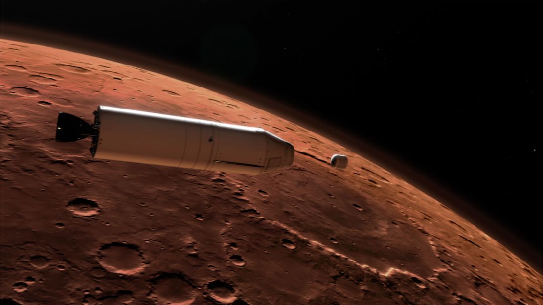 This illustration shows a concept for a Mars Ascent Vehicle (left) releasing a sample container (right) high above the Martian surface.