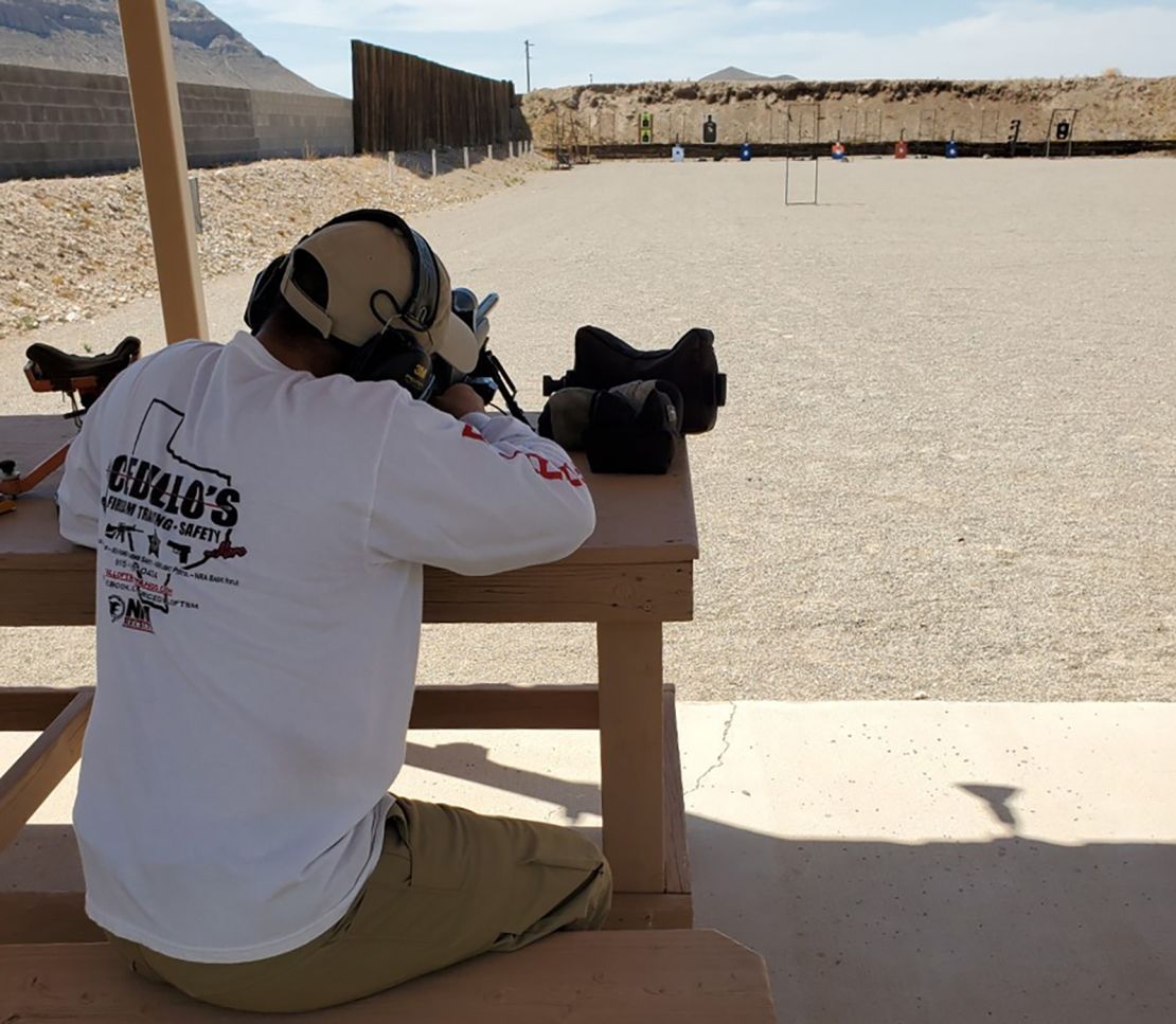 Rafael Cedillo, owner and instructor of Cedillo's Firearm Traning Safety & More, demonstrates the use of a firearm during a safety course at Ysleta Tactical Ranch in El Paso, Texas.