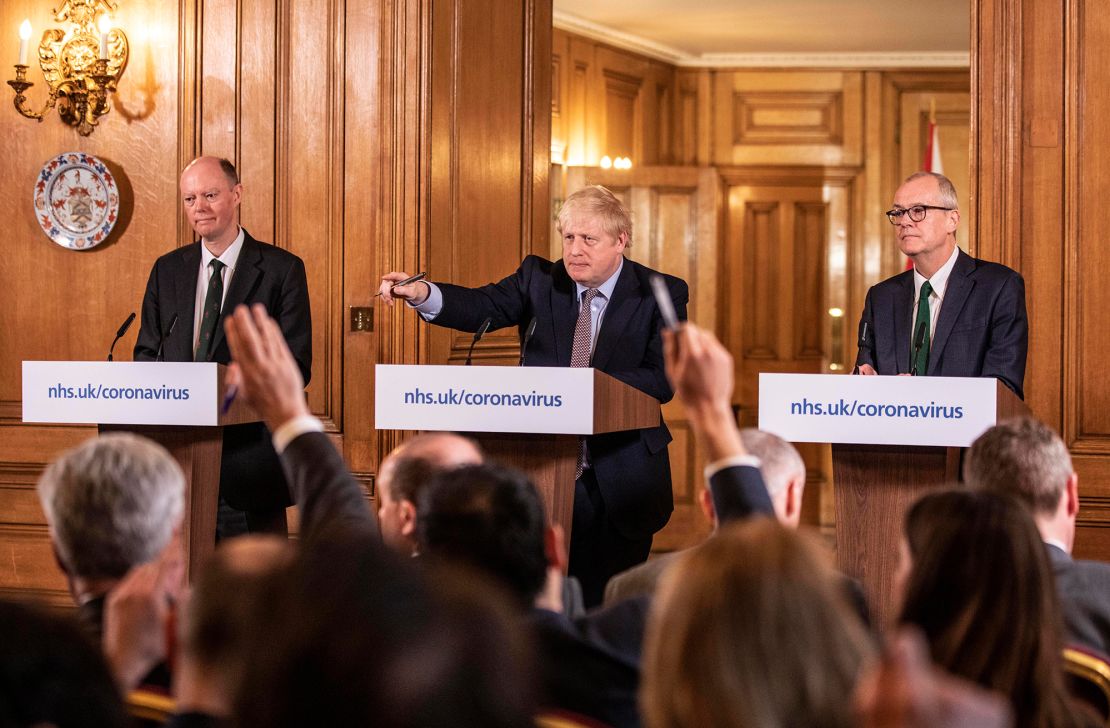 Boris Johnson gives a press conference from 10 Downing Street with his chief scientific adviser and chief medical officer.
