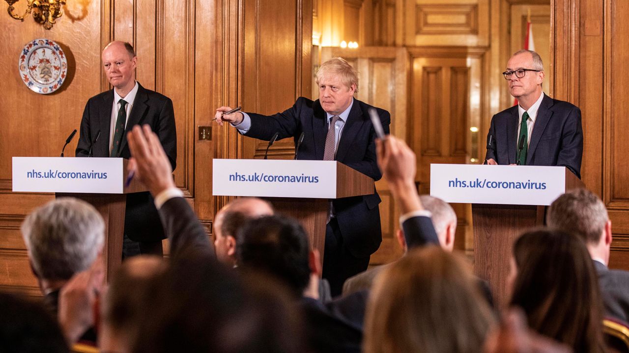 Boris Johnson gives a press conference from 10 Downing Street with his chief scientific adviser and chief medical officer.
