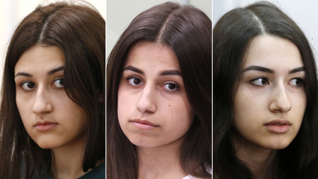 From left to right, Krestina, Angelina and Maria Khachaturyan, in court on June 26, 2019 in Moscow. 