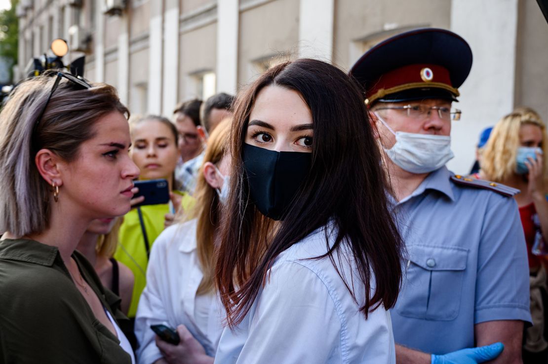 Maria Khachaturyan walks out of a court building after a pre-trial hearing in Moscow on July 28, 2020.