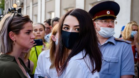 Maria Khachaturyan walks out of a court building after a pre-trial hearing in Moscow on July 28, 2020.