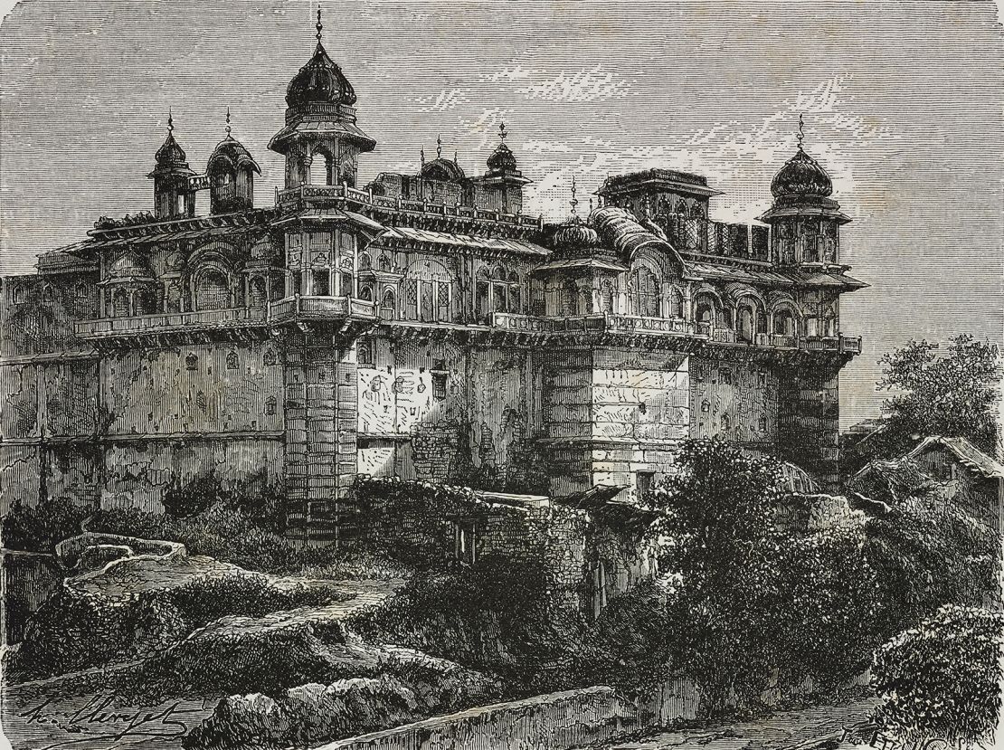 Durjan Sal Palace, Bharatpur.  Engraving from India, 1877, by Louis Rousselet.