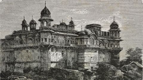Durjan Sal Palace, Bharatpur.  Engraving from India, 1877, by Louis Rousselet.