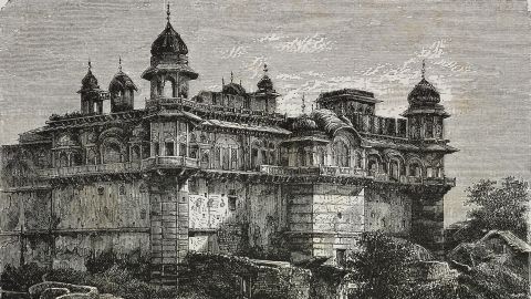 Durjan Sal Palace, Bharatpur. Engraving from India, 1877, by Louis Rousselet.
