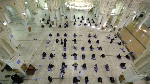 The first group of female pilgrims praying in the Grand mosque in the holy city of Mecca at the start of the annual Muslim Hajj pilgrimage.