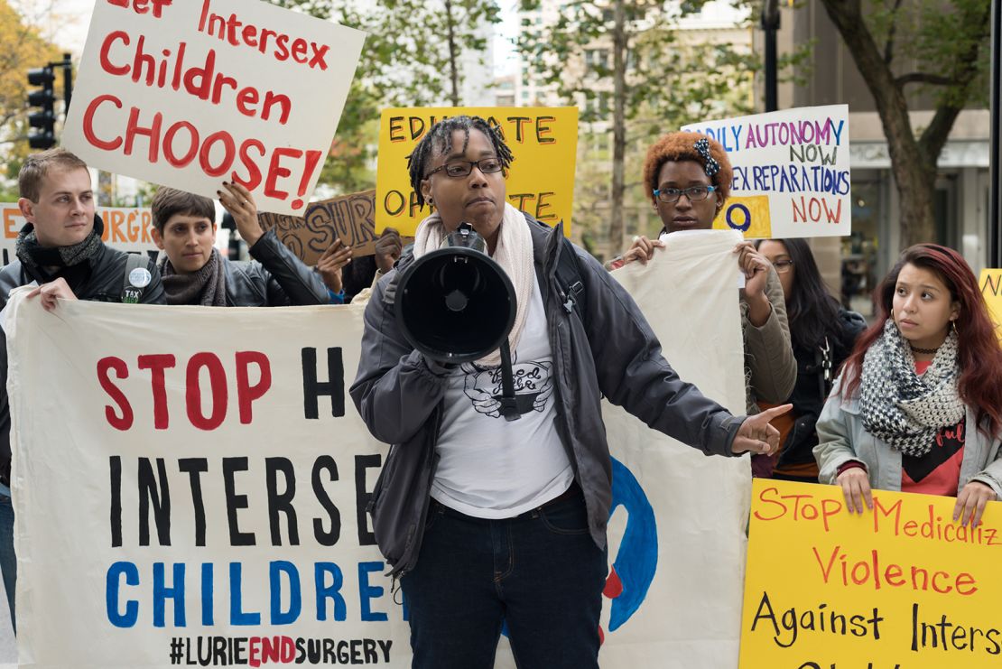 Intersex activist Sean Saifa Wall protests outside Lurie Children's Hospital in 2017.