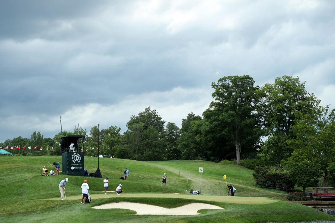 A general view of the ninth green at Muirfield Village Golf Club in Dublin, Ohio as Henrik Norlander and Jason Day putt.