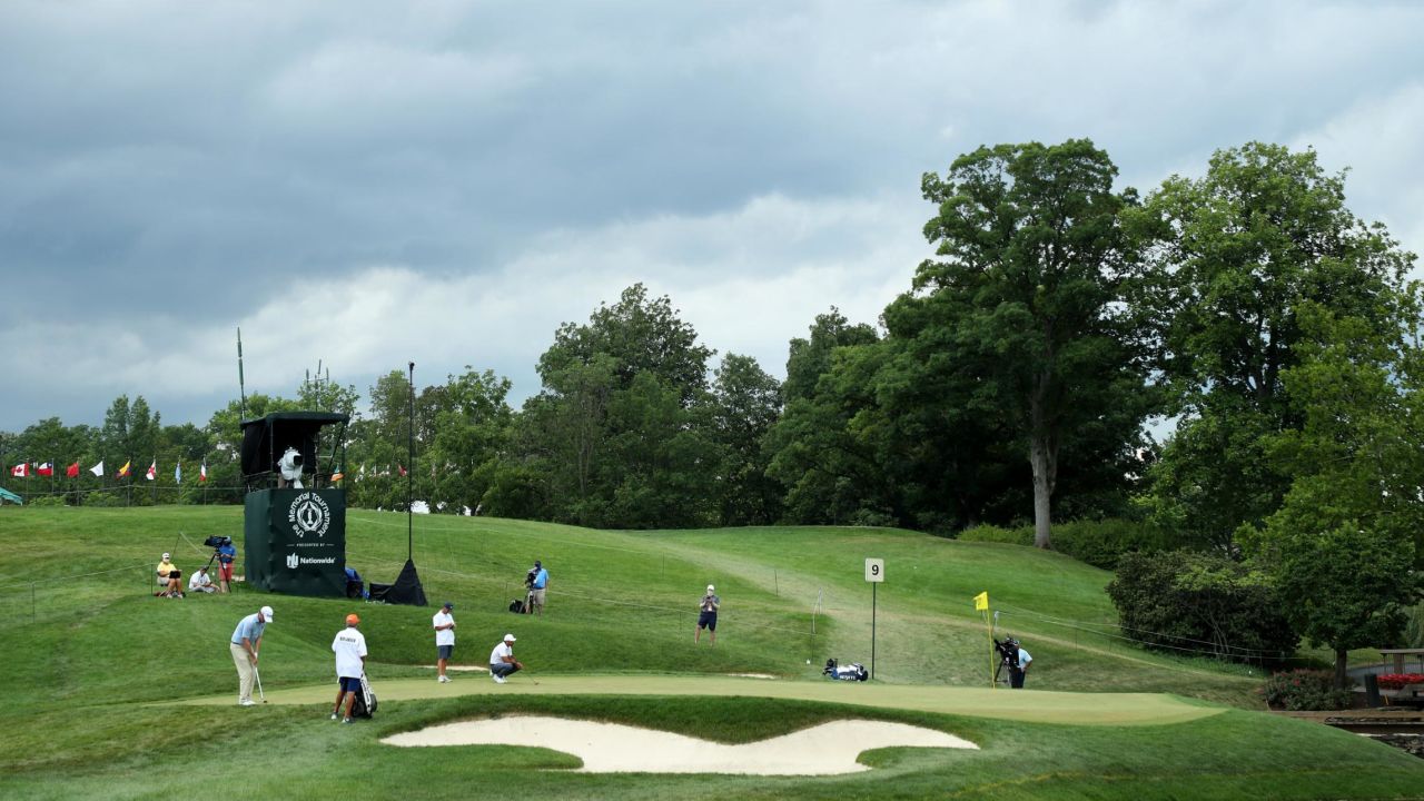 A general view of the ninth green at Muirfield Village Golf Club in Dublin, Ohio as Henrik Norlander and Jason Day putt.