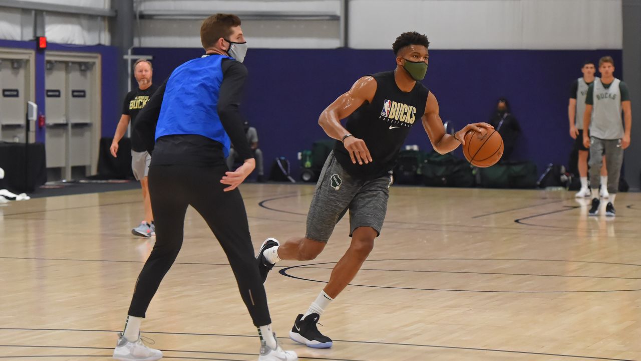 Giannis Antetokounmpo #34 of the Milwaukee Bucks dribbles the ball during practice as part of the NBA restart 2020 on July 27, 2020 in Orlando, Florida.