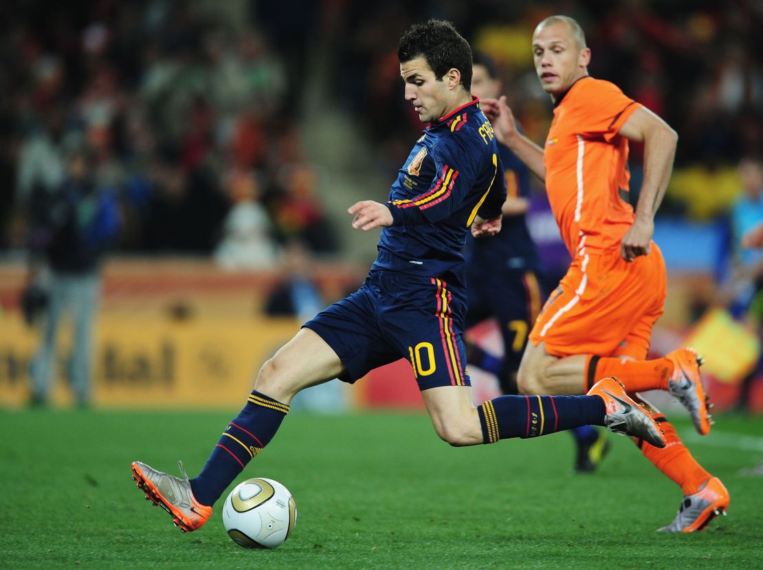 Fabregas shoots during the 2010 FIFA World Cup South Africa final match between Netherlands and Spain at Soccer City Stadium on July 11, 2010 in Johannesburg, South Africa.