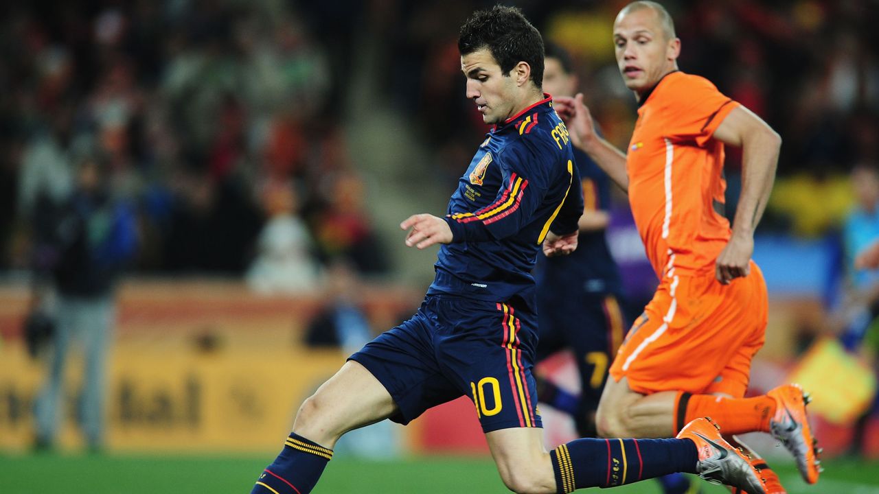 Fabregas shoots during the 2010 FIFA World Cup South Africa final match between Netherlands and Spain at Soccer City Stadium on July 11, 2010 in Johannesburg, South Africa.