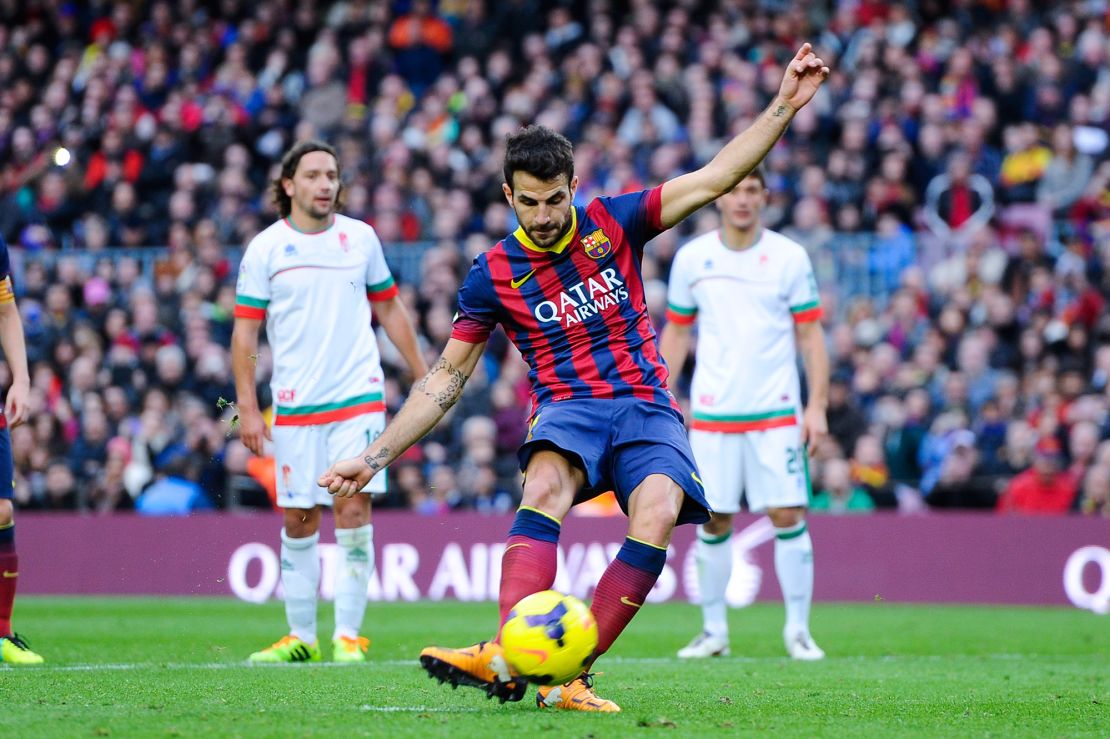 Fabregas from the penalty spot during the La Liga match between FC Barcelona and Granda CF at Camp Nou on November 23, 2013 in Barcelona, Spain. 
