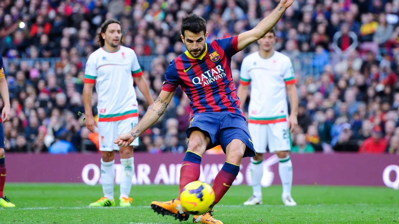Fabregas from the penalty spot during the La Liga match between FC Barcelona and Granda CF at Camp Nou on November 23, 2013 in Barcelona, Spain.