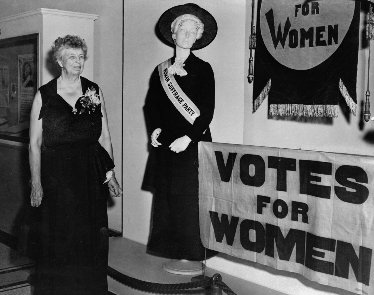 Former first lady Eleanor Roosevelt visits the Vote for Women exhibit at the New York Historical Society in 1952. Often hailed the "First Lady of the World," Roosevelt was one of the most politically active first ladies to step foot in the White House. She served on the UN Commission on Human Rights and encouraged her husband, President Franklin Roosevelt, to appoint more women to federal positions. "The battle for the individual rights of women is one of long standing and none of us should countenance anything which undermines it," she wrote in her <a href="https://www2.gwu.edu/~erpapers/myday/displaydoc.cfm?_y=1941&_f=md055958" target="_blank" target="_blank">weekly "My Day" column.</a>