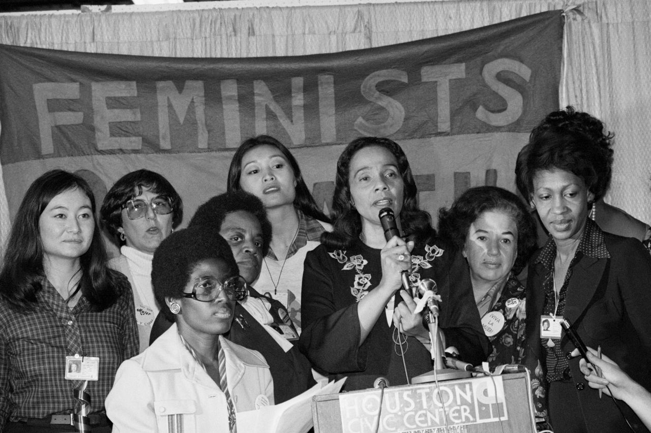 Civil rights activist Coretta Scott King, holding the microphone, discusses a minority women's rights resolution proposed during the 1977 National Women's Conference in Houston. From organizing marches with her husband, Martin Luther King Jr., to founding the Full Employment Action Council, King left a legacy of fighting for racial, gender and economic equality. "She moved quietly but forcefully into the fray. She stood for peace in the midst of turmoil," said the Rev. Joseph Lowery after her death in 2006. 