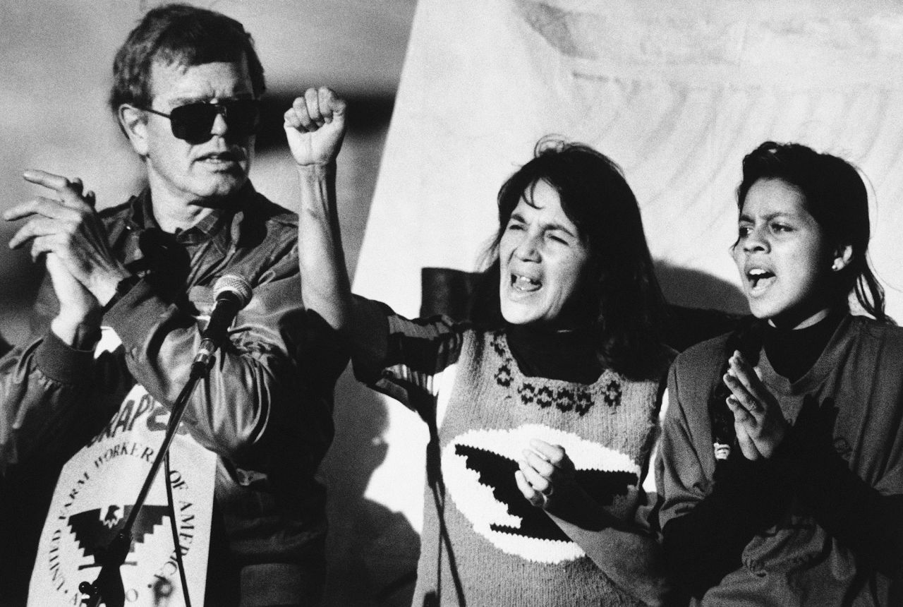 Social activist Dolores Huerta, center, leads a rally in San Francisco's Mission District as part of a national boycott against the use of pesticides on table grapes. Huerta, who co-founded what is now the United Farm Workers, helped advocate for the passing of the Agricultural Labor Relations Act of 1975. That granted farm workers in California the right to organize and bargain for better wages. "The great social justice changes in our country have happened when people came together, organized and took direct action. It is this right that sustains and nurtures our democracy today," Huerta said during a Presidential Medal of Freedom ceremony in 2012. "The civil rights movement, the labor movement, the women's movement and the equality movement for our LGBT brothers and sisters are all manifestations of these rights."