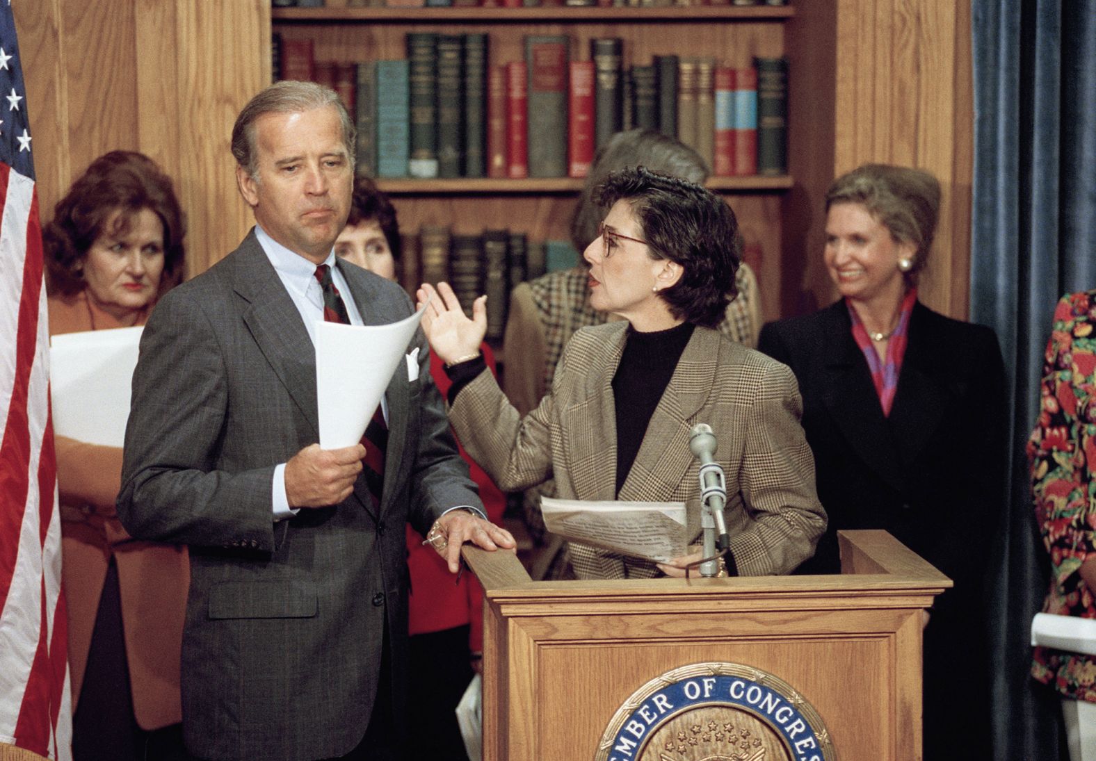 US Sen. Barbara Boxer gestures toward US Sen. Joe Biden during a news conference about the Violence Against Women Act in 1993. The landmark legislation, passed one year later, was one of the first federal packages of its kind to protect victims of domestic violence and sexual assault.