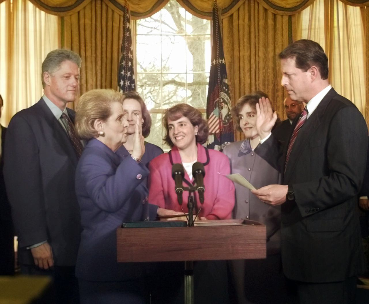 Madeleine Albright is sworn in as the first female secretary of state after a rapid-fire Senate confirmation in 1997. President Bill Clinton nominated Albright for the position four years after he chose Janet Reno as the first female US attorney general. Speaking to <a href="https://www.huffpost.com/entry/madeleine-albright-an-exc_b_604418" target="_blank" target="_blank">the Huffington Post</a> in 2010, Albright said, "The reason I made women's issues central to American foreign policy was not because I was a feminist, but because we know that societies are more stable if women are politically and economically empowered." 