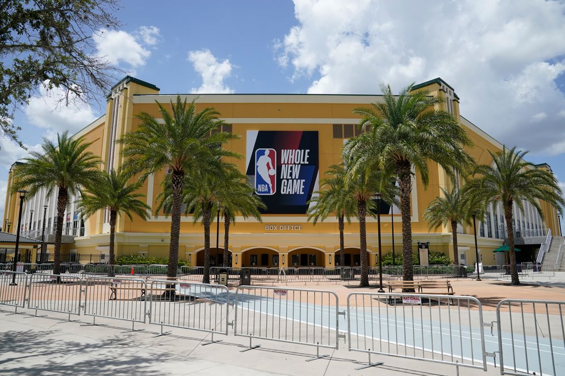 An NBA sign is posted on a basketball arena at ESPN Wide World of Sports Complex Wednesday, July 29, 2020, in Orlando.