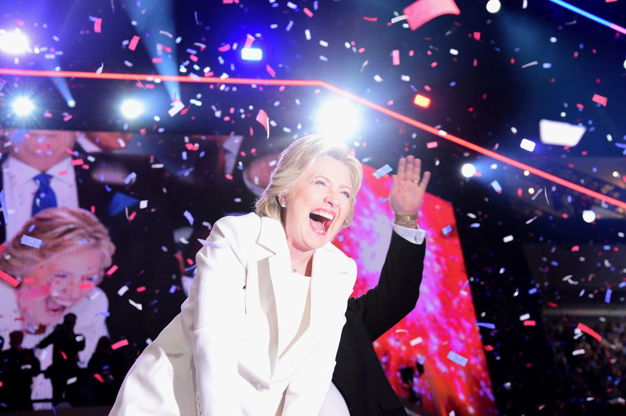 Hillary Clinton celebrates on stage on the final night of the Democratic National Convention in 2016. The former first lady, US senator and secretary of state made history as the first woman to receive a presidential nomination from a major political party. 