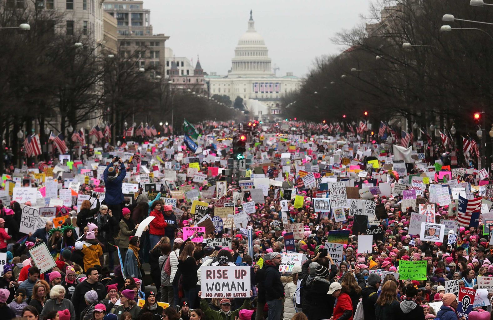 Thousands of people walk down Pennsylvania Avenue in Washington, DC. during a march for women's rights in January 2017. More than 1 million people participated in the Women's March nationwide, making it the largest single-day protest in American history.