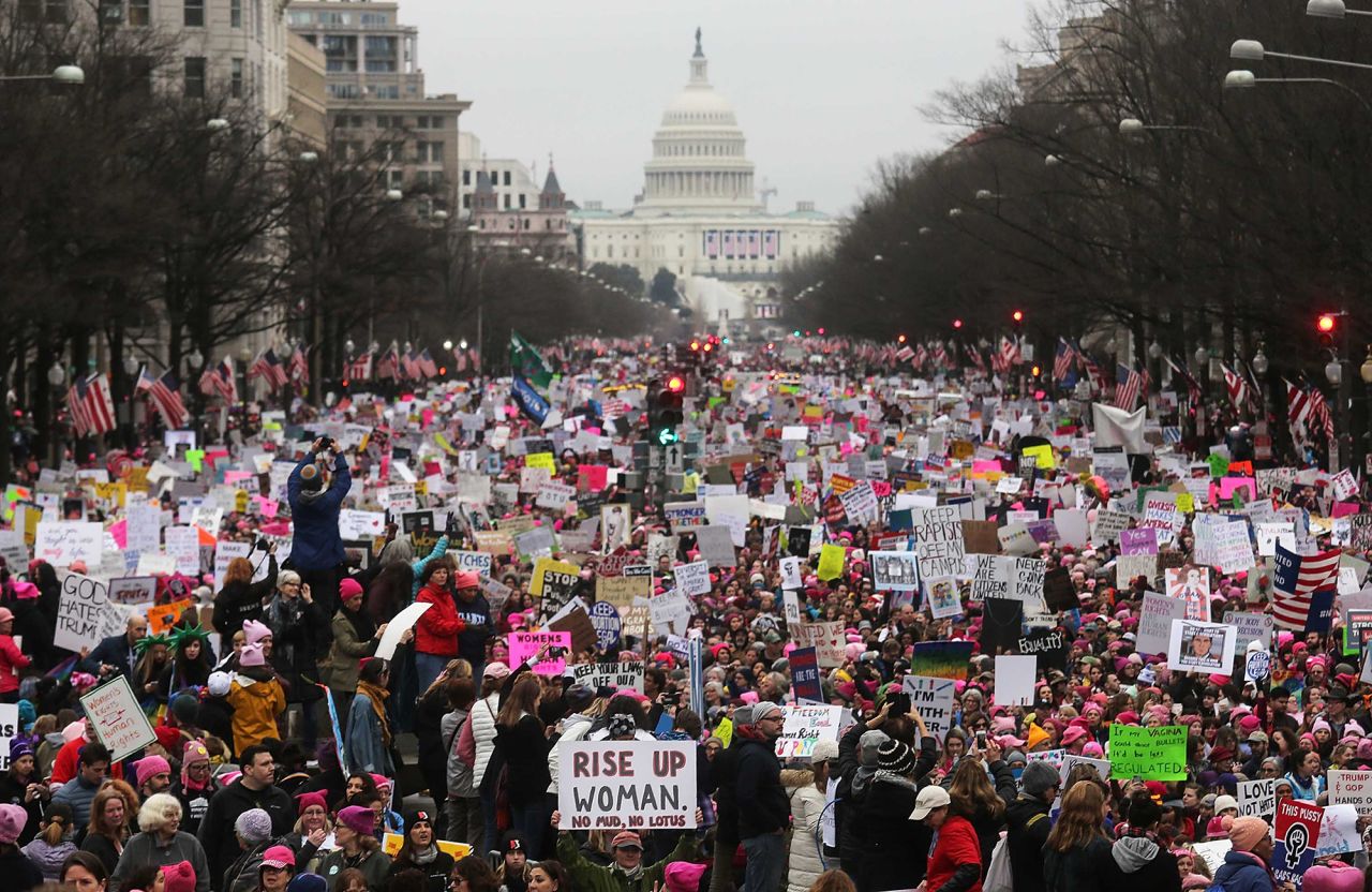 Thousands of people walk down Pennsylvania Avenue in Washington, DC. during a march for women's rights in January 2017. More than 1 million people participated in the Women's March nationwide, making it the largest single-day protest in American history.