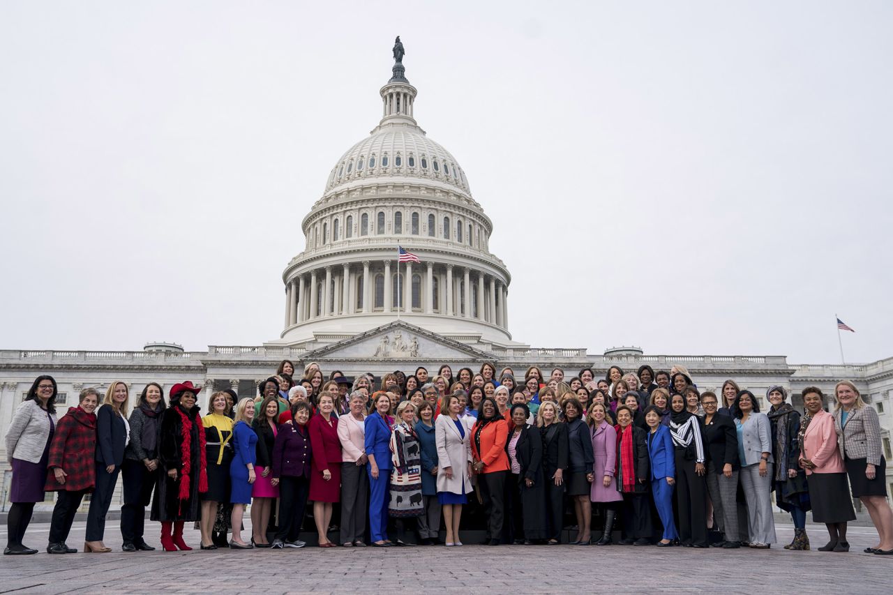 Democratic congresswomen pose together outside the US Capitol in 2019. From Alexandria Ocasio-Cortez, the youngest woman ever elected to the House, to Rashida Tlaib and Ilhan Omar, the first Muslim women elected to Congress, the 116th class included a record-shattering 101 women.