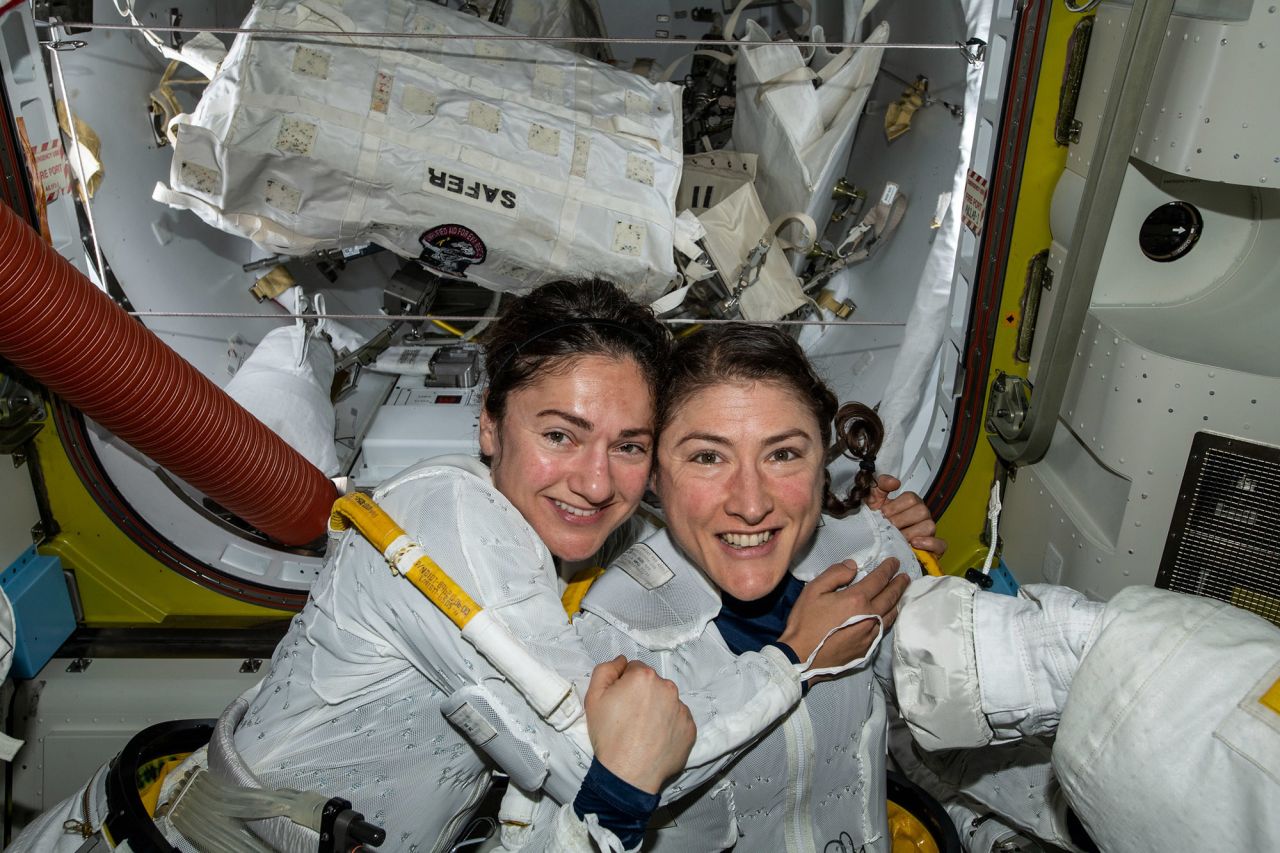 Astronauts Jessica Meir and Christina Koch pose inside the International Space Station. The two conducted the first all-female spacewalk outside of the station in October 2019. "What we're doing now shows all the work that went in for the decades prior, all of the women that worked to get us where we are today," Meir said during a news conference.
