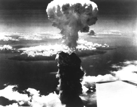 A mushroom cloud is seen over Nagasaki, Japan, after the United States dropped an atomic bomb on the city on August 9, 1945. It came three days after a bomb was dropped over Hiroshima, Japan.