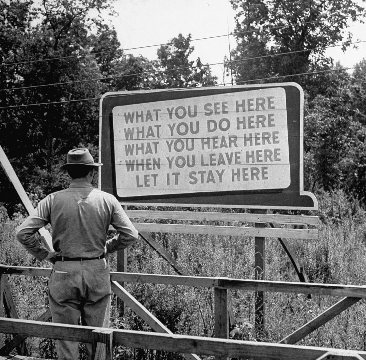 A billboard in Oak Ridge reminds workers of the top-secret nature of the facility.