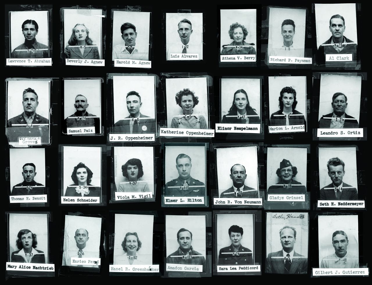These photos show some of the people who worked on the Manhattan Project at the Los Alamos National Laboratory in New Mexico. US Army Col. Leslie R. Groves, second row on the left, was appointed to head the project. Physicist J. Robert Oppenheimer led the lab at Los Alamos.