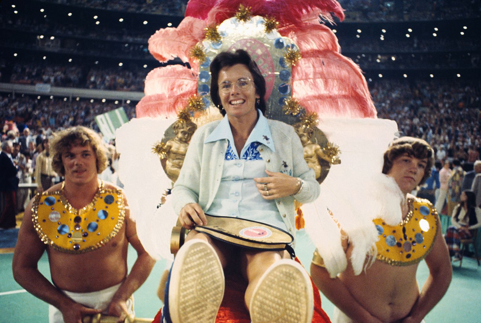 Tennis champion and LGBTQ advocate Billie Jean King helped pave the way for the fight for women's equality in the world of sports. In 1973, she helped form the Women's Tennis Association and threatened to boycott the US Open if the winner of the women's singles title wasn't paid as much as her male counterpart. King is seen here being carried to the tennis court by four men during her famous "Battle of the Sexes" match against Bobby Riggs.