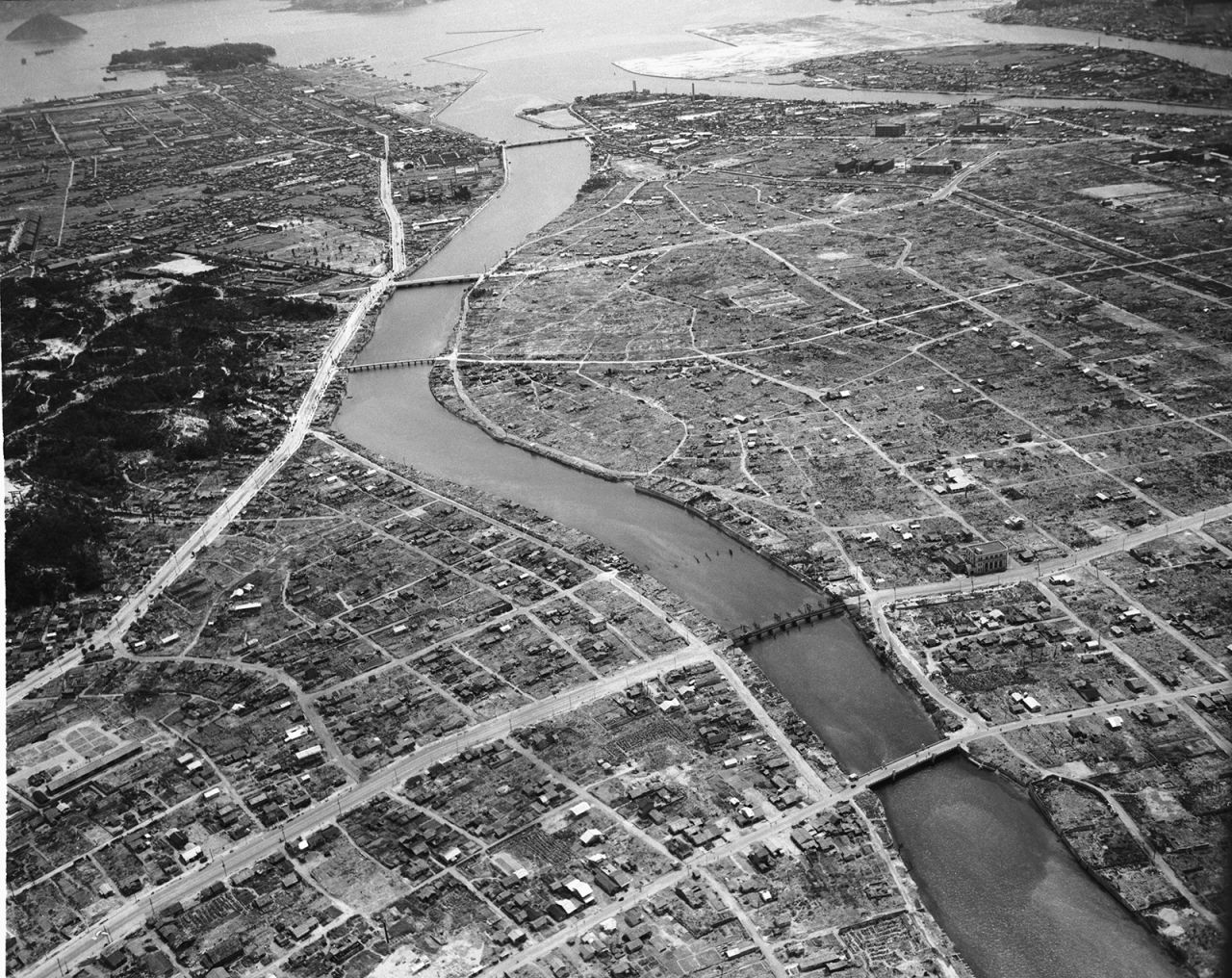 This aerial photo shows the Japanese Army base at Hiroshima, a day after the bomb.