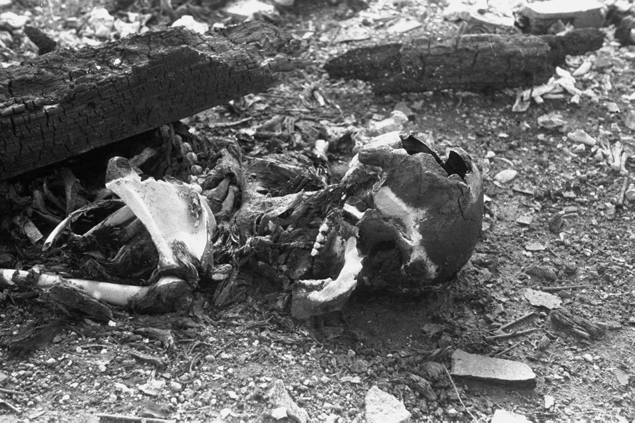 Bones and ashes are left behind after the bombing of Nagasaki, which killed up to 80,000 people.