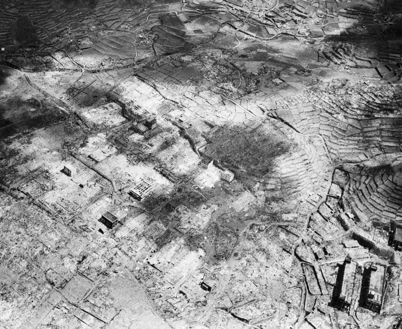 An aerial view of Nagasaki after the bombing.