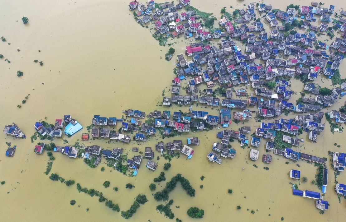 This aerial photo, taken on July 15, 2020,  shows a flooded area near Poyang Lake due to torrential rains in Poyang county, Shangrao city in China's central Jiangxi province. 
