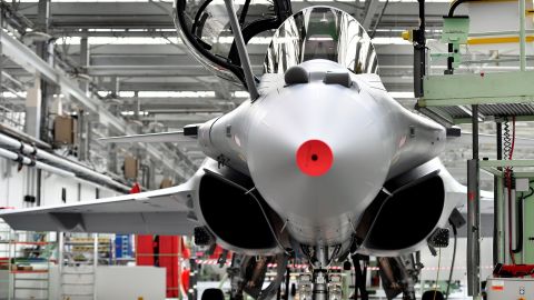 A French-made Rafale jet fighter is exhibited in the workshops of Dassault-Aviation in Merignac near Bordeaux on October 8, 2019, during the delivery ceremony to India of the first of the 36 Rafale aircraft ordered in 2016 from Dassault-Aviation.