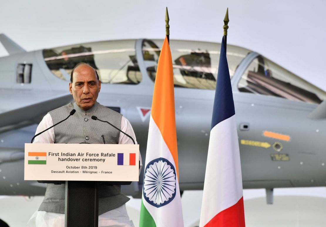 Indian Defence minister Rajnath Singh speaks during the ceremony marking the delivery of the first of 36 Rafale fighter jets destined for India, on October 8, 2019 at Dassault Aviation plant in Merignac, France.