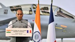 Indian Defence minister Rajnath Singh speaks during the ceremony marking the delivery of the first of 36 Rafale fighter jets destined for India, on October 8, 2019 at Dassault Aviation plant in Merignac. (Photo by GEORGES GOBET / AFP) (Photo by GEORGES GOBET/AFP via Getty Images)