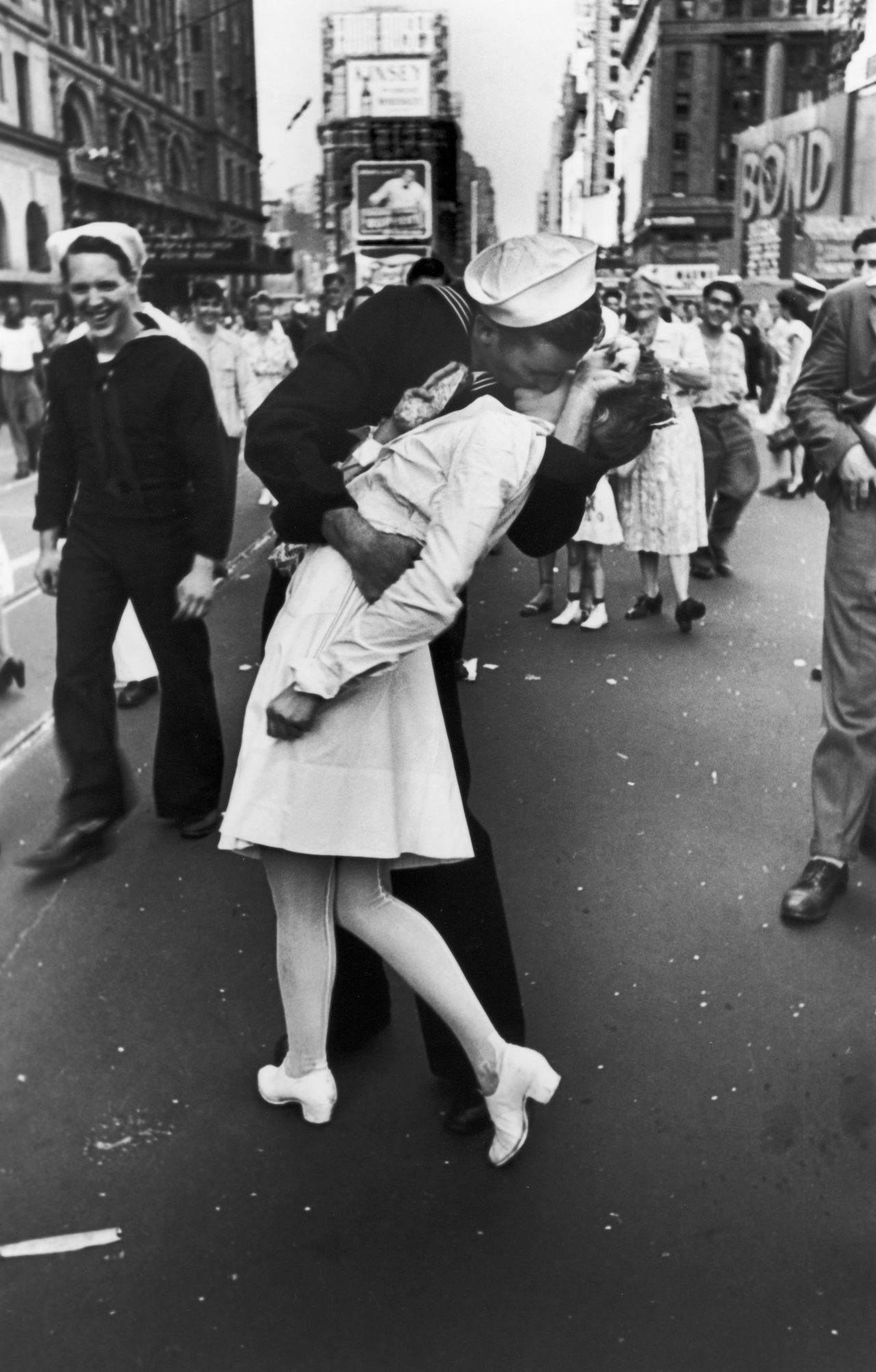 A jubilant American sailor kisses a nurse in New York's Times Square as he celebrates the news that Japan has surrendered.