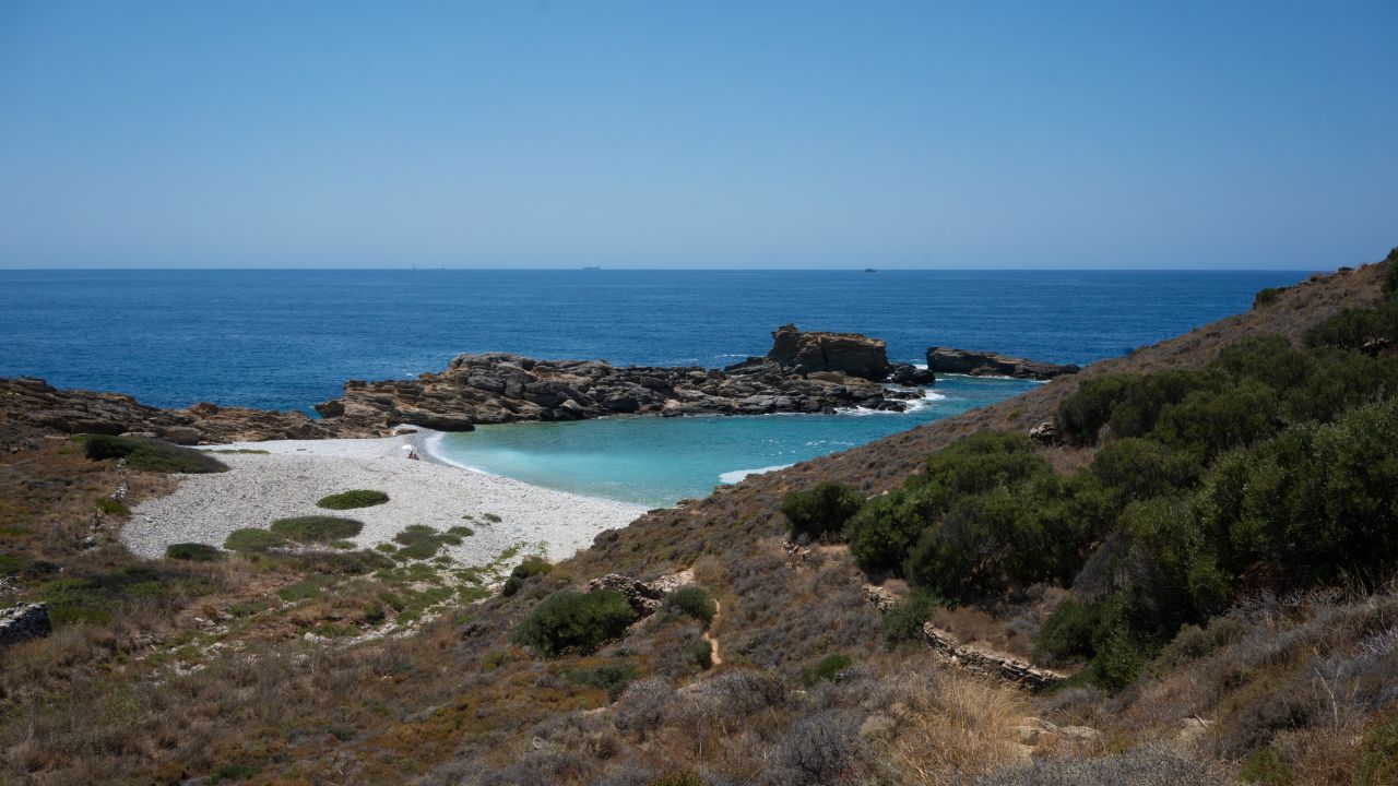 <strong>Empty beach:</strong> This cove, deserted by all but one one bather, is a typical site in the wild but stunning Mani peninsula in the Peloponnese.